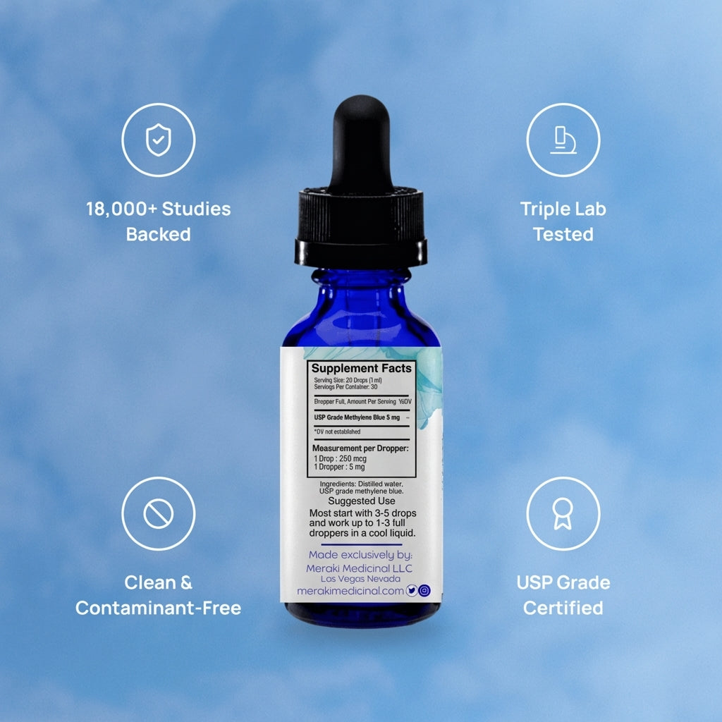 Meraki Methylene Blue Drops – Pharmaceutical Grade Nootropic Supplement for Brain Health - Dietary Supplement Support for Focus & Clarity – Third-Party Tested Formula – 30ml Glass Dropper Bottle