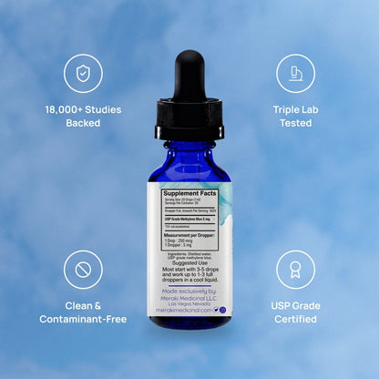 Meraki Methylene Blue Drops – Pharmaceutical Grade Nootropic Supplement for Brain Health - Dietary Supplement Support for Focus & Clarity – Third-Party Tested Formula – 30ml Glass Dropper Bottle